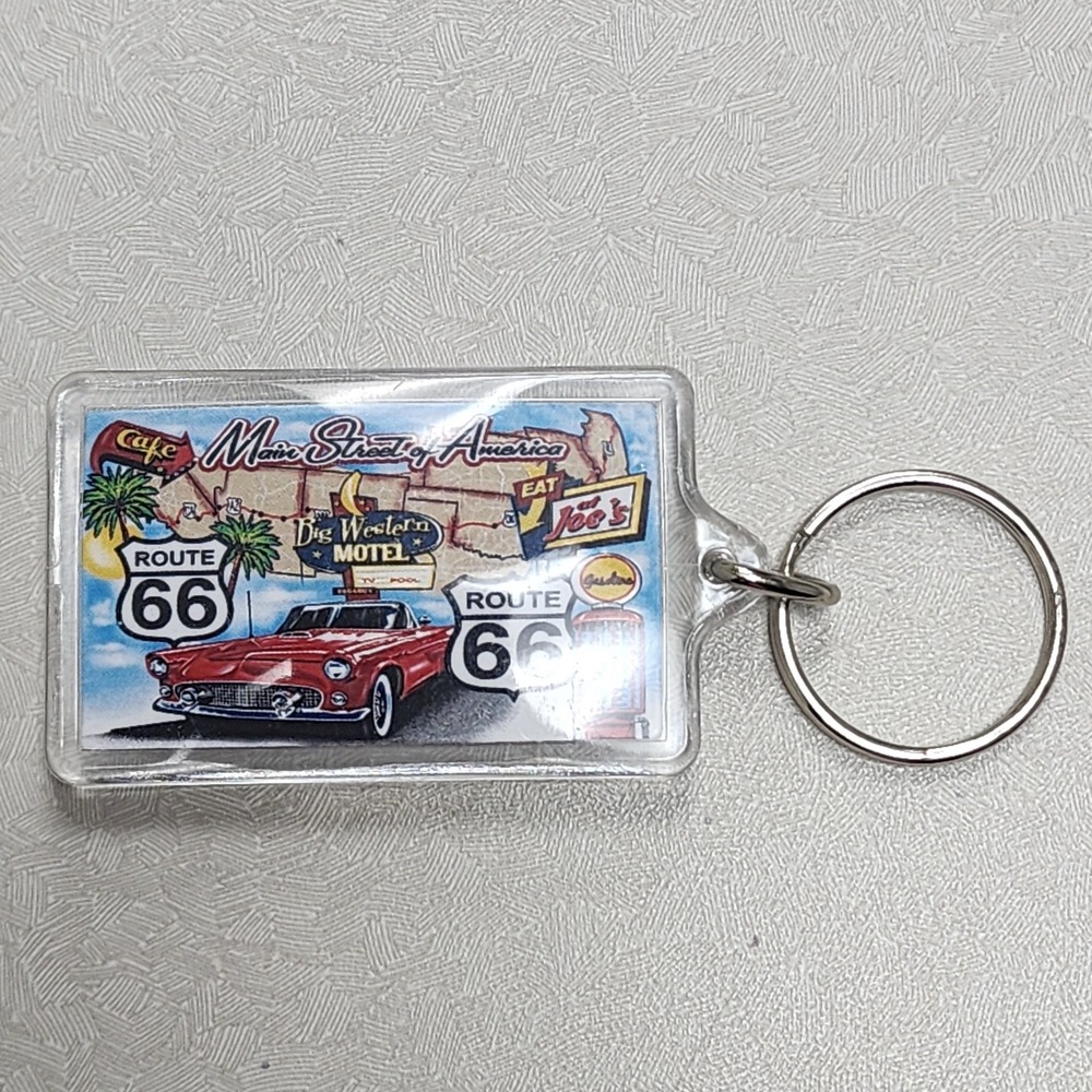 Vintage Route 66 Main Street Of America Car Lucite Keychain Key Ring Collectible